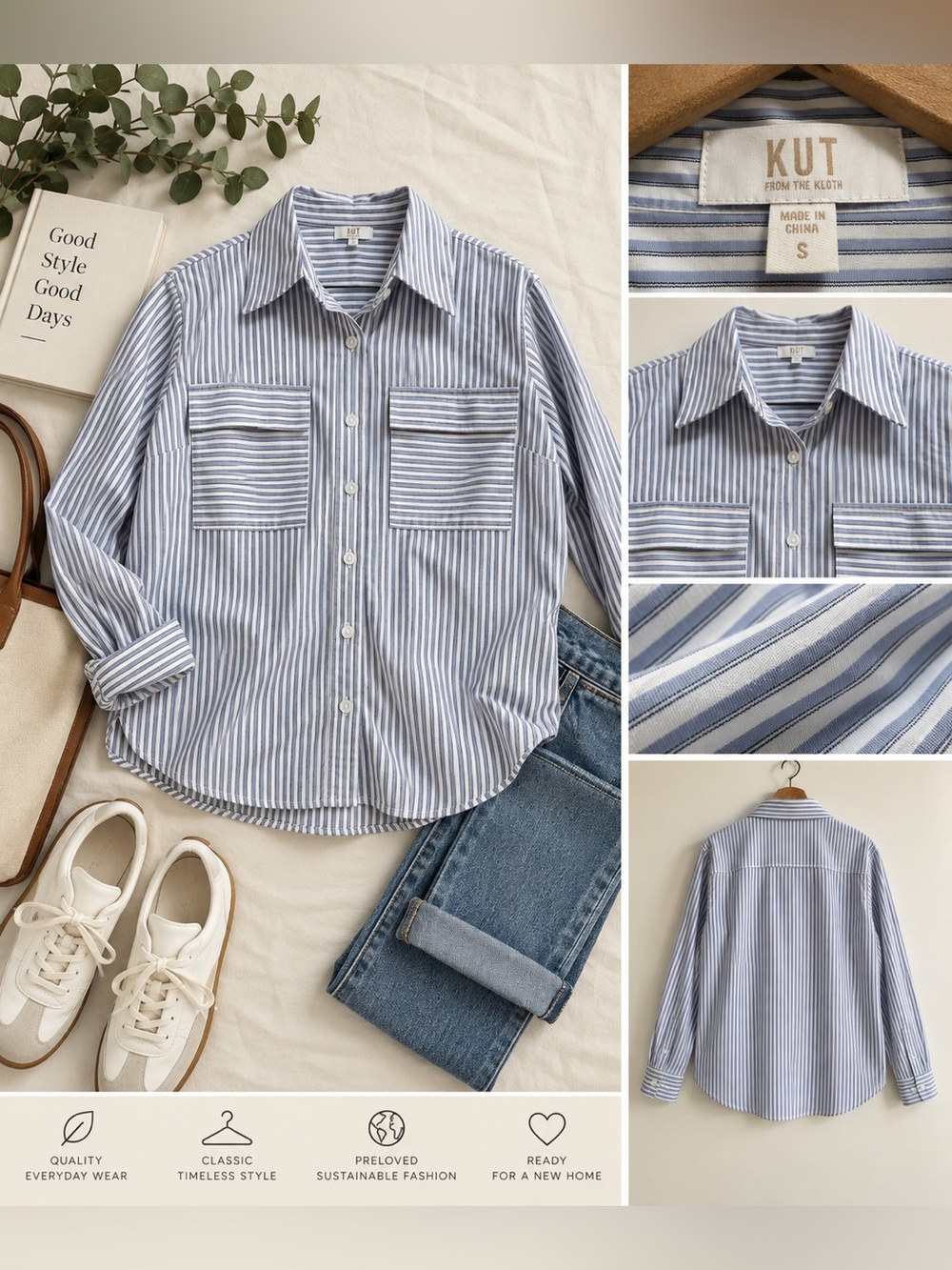Kut from the Kloth Light Blue and White Striped Button-Down Shirt